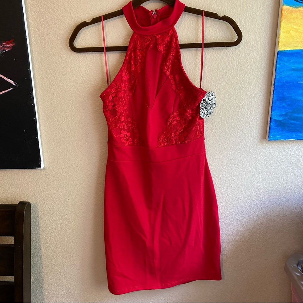 NWT Scarlet Red Sleeveless Halter Mini Lace Dress